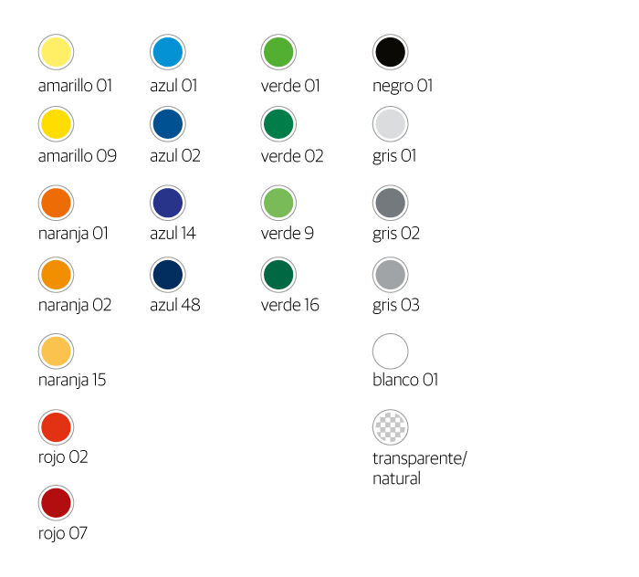 Los colores estándar para nuestras soluciones de envasado de plástico.